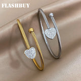 Zircon Heart Charm Stainless Steel Bangle Bracelet