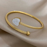 Zircon Heart Charm Stainless Steel Bangle Bracelet