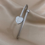 Zircon Heart Charm Stainless Steel Bangle Bracelet