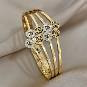 Rhinestone Tree of Life Steel Bangle Bracelet Waterproof Jewelry