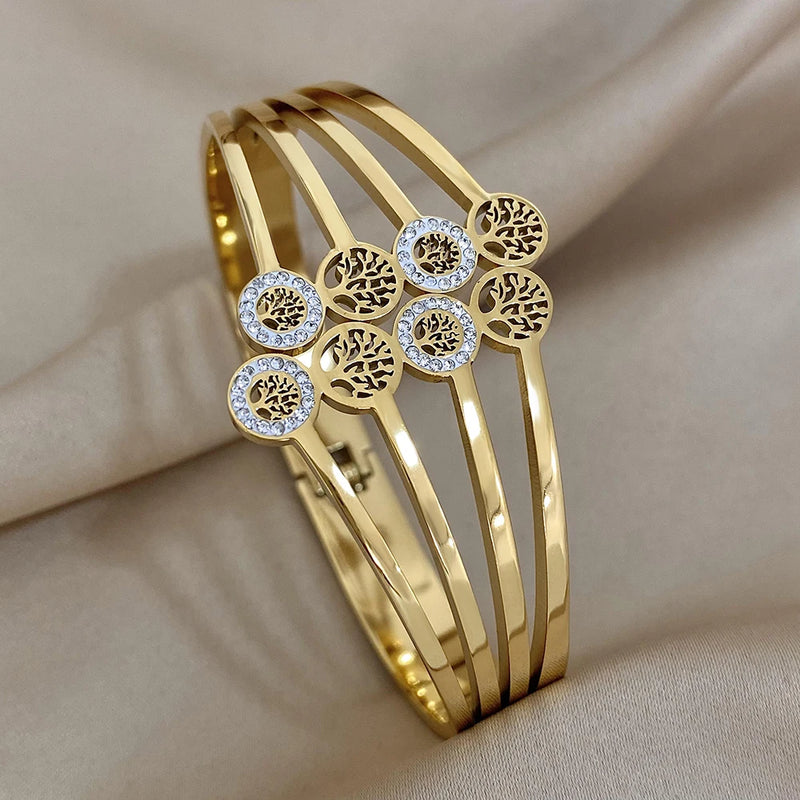 Rhinestone Tree of Life Steel Bangle Bracelet Waterproof Jewelry