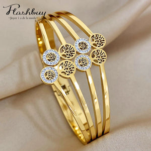Rhinestone Tree of Life Steel Bangle Bracelet Waterproof Jewelry
