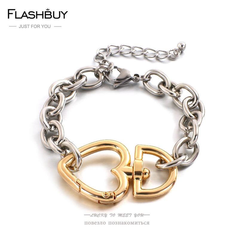 Vintage Silver Chain Golden Love Heart Bracelet for Women
