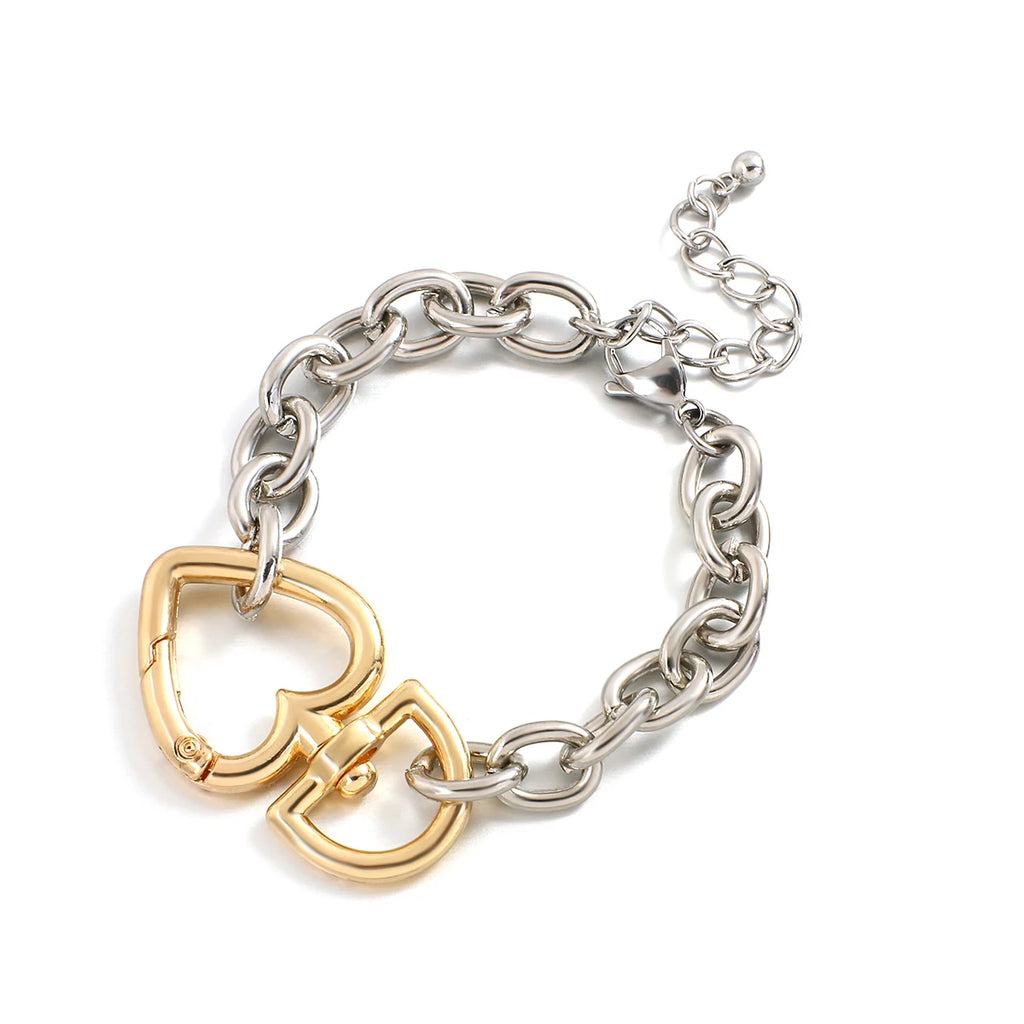 Vintage Silver Chain Golden Love Heart Bracelet for Women