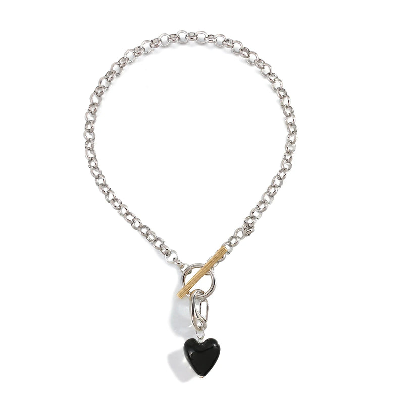 Vintage Glass Heart Pendant Necklace For Women Punk Metal Chokers