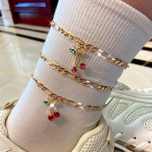 Crystal Cherry Anklet Set for Women Sweet Fruit Foot Bracelet Gift