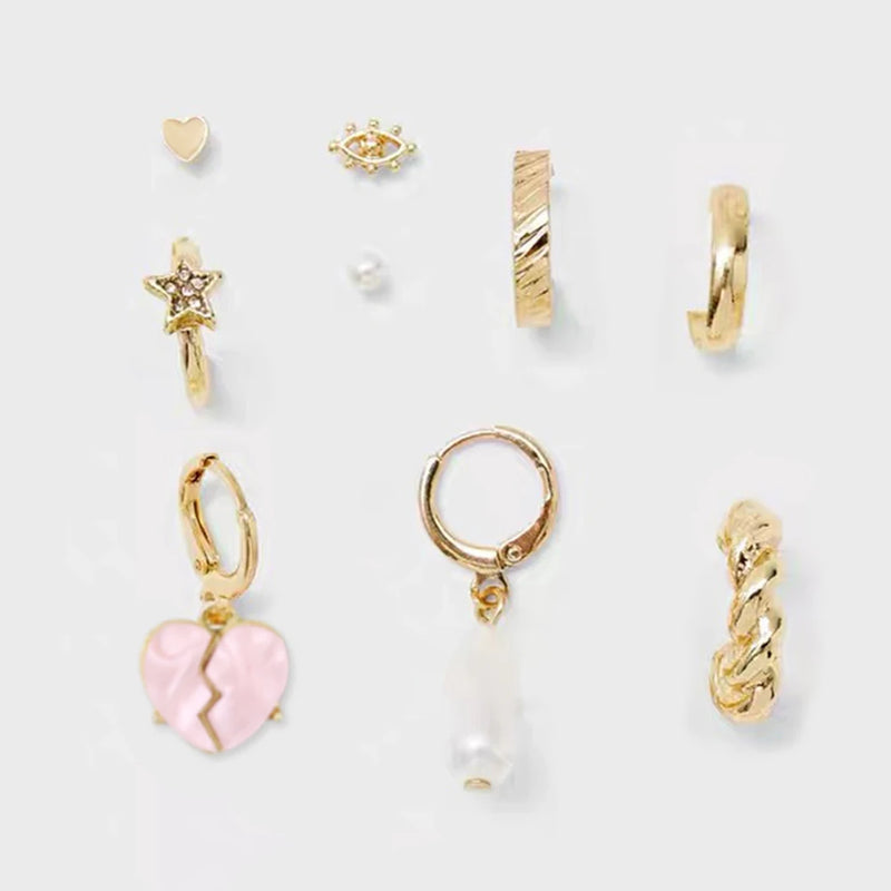 9Pcs Heart Pearl Geometric Earrings Set