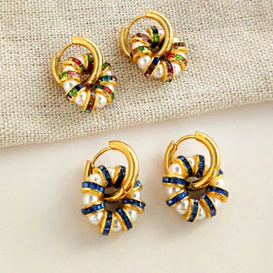 Colorful Crystal Pearl Hoop Earrings Women Geometric Boho Jewelry
