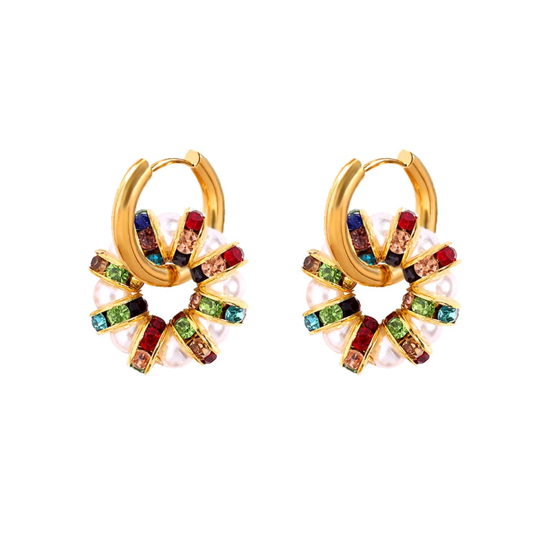 Colorful Crystal Pearl Hoop Earrings Women Geometric Boho Jewelry