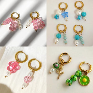 Colorful Crystal Beads Hoop Earrings Flower Circle Stainless Steel