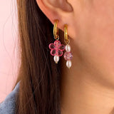 Colorful Crystal Beads Hoop Earrings Flower Circle Stainless Steel