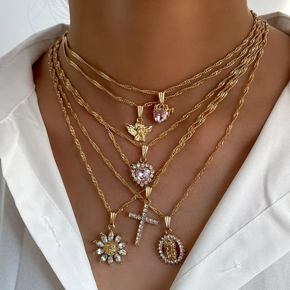 Angel Pendant Necklace Cross Crystal Choker Jewelry