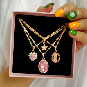 Pink Heart Crystal Pendant Necklace Star Portrait Twisted Chain Jewelry