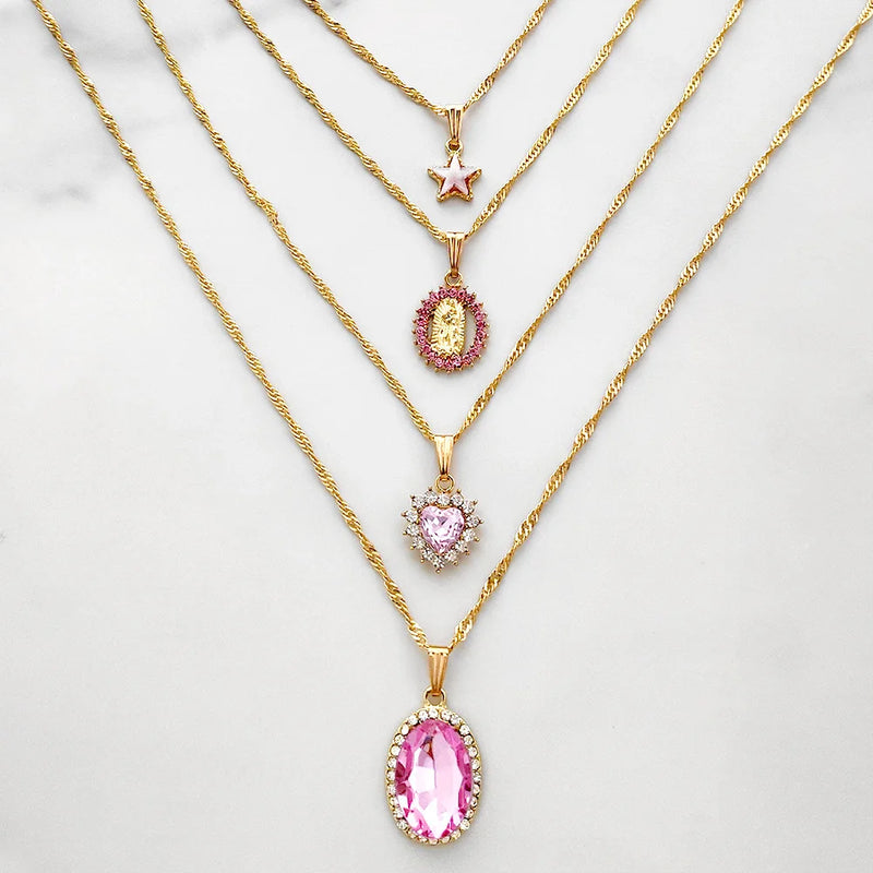 Pink Heart Crystal Pendant Necklace Star Portrait Twisted Chain Jewelry