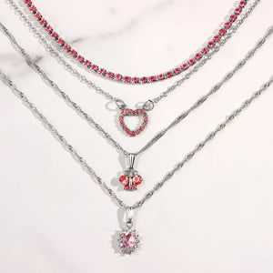 Pink Heart Crystal Pendant Necklace Boho Butterfly Rhinestone Tennis Chain