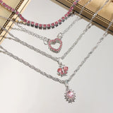 Pink Heart Crystal Pendant Necklace Boho Butterfly Rhinestone Tennis Chain