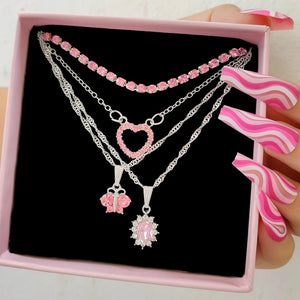 Pink Heart Crystal Pendant Necklace Boho Butterfly Rhinestone Tennis Chain