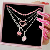 Pink Heart Crystal Pendant Necklace Boho Butterfly Rhinestone Tennis Chain