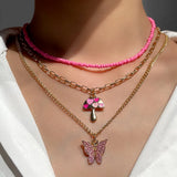 Pink Heart Crystal Pendant Necklace Boho Butterfly Rhinestone Tennis Chain
