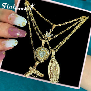 Multilayer Portrait Pistol Pendant Necklaces Punk Heart Crystal