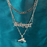 Punk Hip Hop Silver Pistol Pendant Necklace Women Multilayer