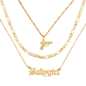 Punk Hip Hop Silver Pistol Pendant Necklace Women Multilayer