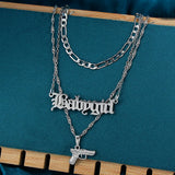 Punk Hip Hop Silver Pistol Pendant Necklace Women Multilayer
