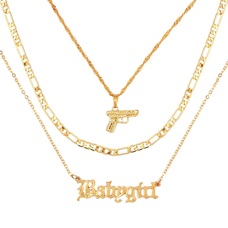 Punk Hip Hop Silver Pistol Pendant Necklace Women Multilayer