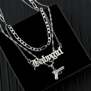 Punk Hip Hop Silver Pistol Pendant Necklace Women Multilayer