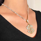 Big Dollar Sign Pendant Necklace Silver Crystal Chain Jewelry
