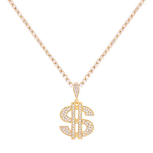 Big Dollar Sign Pendant Necklace Silver Crystal Chain Jewelry