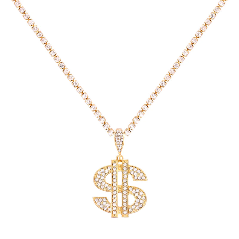 Big Dollar Sign Pendant Necklace Silver Crystal Chain Jewelry