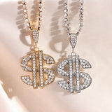 Big Dollar Sign Pendant Necklace Silver Crystal Chain Jewelry