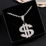 Big Dollar Sign Pendant Necklace Silver Crystal Chain Jewelry