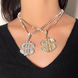 Big Dollar Sign Pendant Necklace Silver Crystal Chain Jewelry