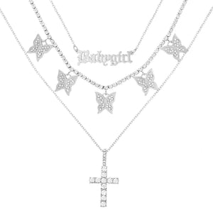 Butterfly Crystal Chain Necklace Choker Multilayer Babygirl Letter Cross Pendant