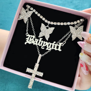 Butterfly Crystal Chain Necklace Choker Multilayer Babygirl Letter Cross Pendant