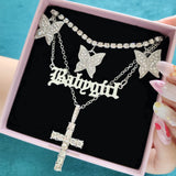Butterfly Crystal Chain Necklace Choker Multilayer Babygirl Letter Cross Pendant