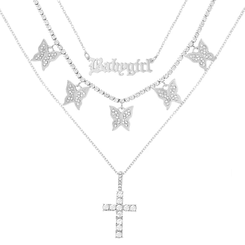 Butterfly Crystal Chain Necklace Choker Multilayer Babygirl Letter Cross Pendant