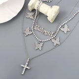 Butterfly Crystal Chain Necklace Choker Multilayer Babygirl Letter Cross Pendant