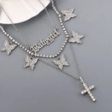 Butterfly Crystal Chain Necklace Choker Multilayer Babygirl Letter Cross Pendant