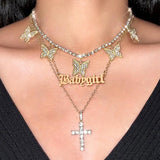Butterfly Crystal Chain Necklace Choker Multilayer Babygirl Letter Cross Pendant