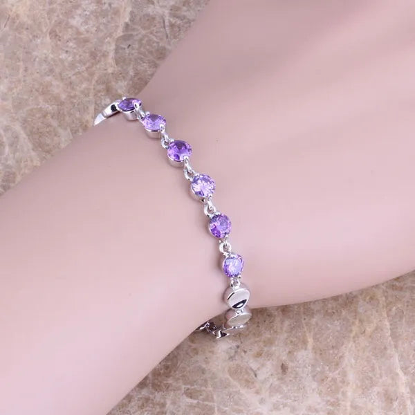 Purple Cubic Zirconia Silver Plated Chain Bracelet 6.5-7.5 inch