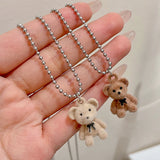 Flocking Necklace Bear Pendant Women Girls Animal Charms Sweater Chain
