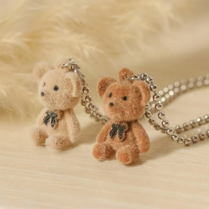 Flocking Necklace Bear Pendant Women Girls Animal Charms Sweater Chain