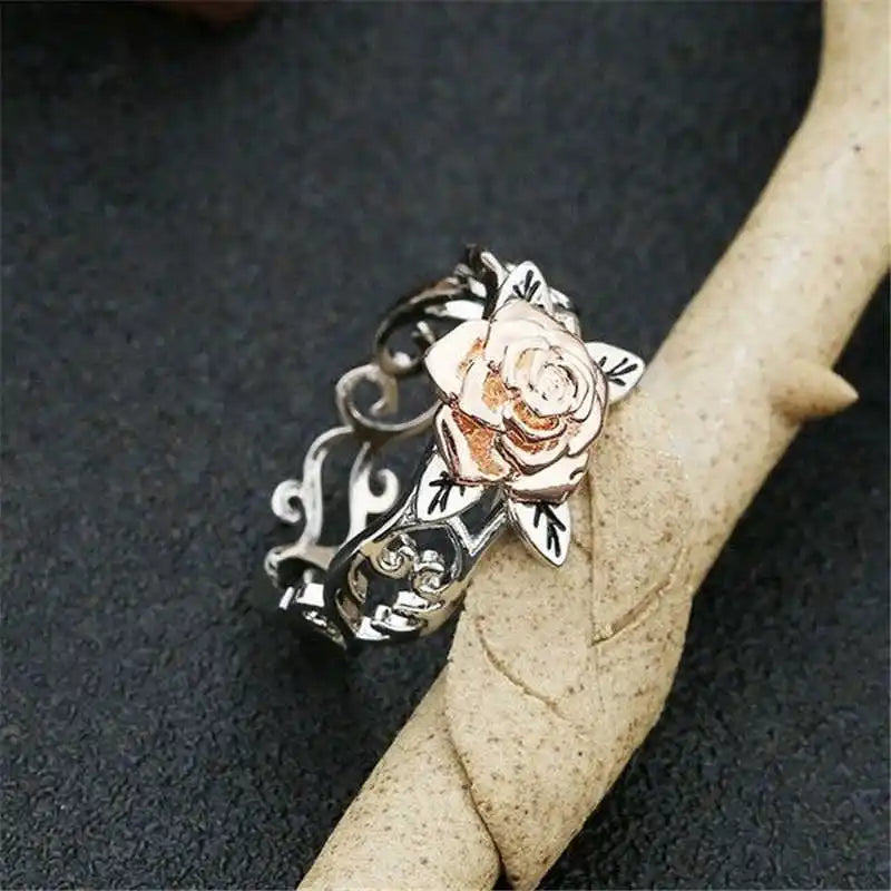 Floral Silver Plated Two Tone Jewelry Wedding Rose Flower Ring