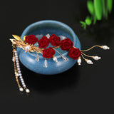 Red Floral Hair Clip Tassel Pearl Crystal Hairpin