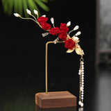 Red Floral Hair Clip Tassel Pearl Crystal Hairpin