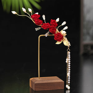 Red Floral Hair Clip Tassel Pearl Crystal Hairpin