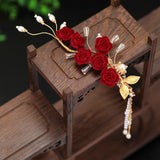 Red Floral Hair Clip Tassel Pearl Crystal Hairpin